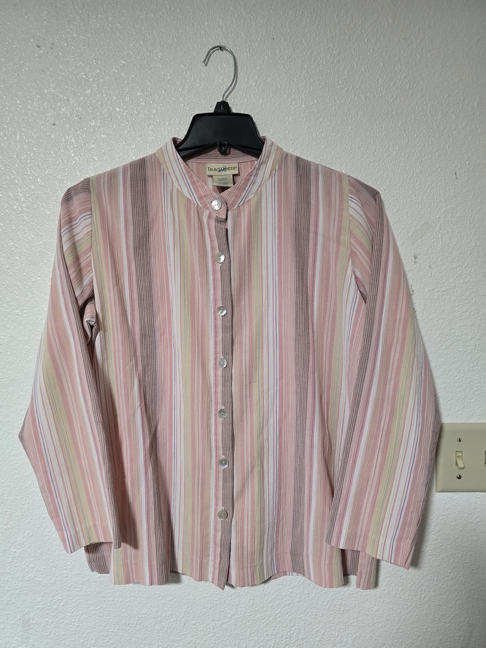 TravelSmith Pink & Cream Striped Mandarin-Collar Blouse
